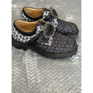 John Fluevog Buckle Monk Strap Shoes Black White Pattern Leather Portugal M6 W8